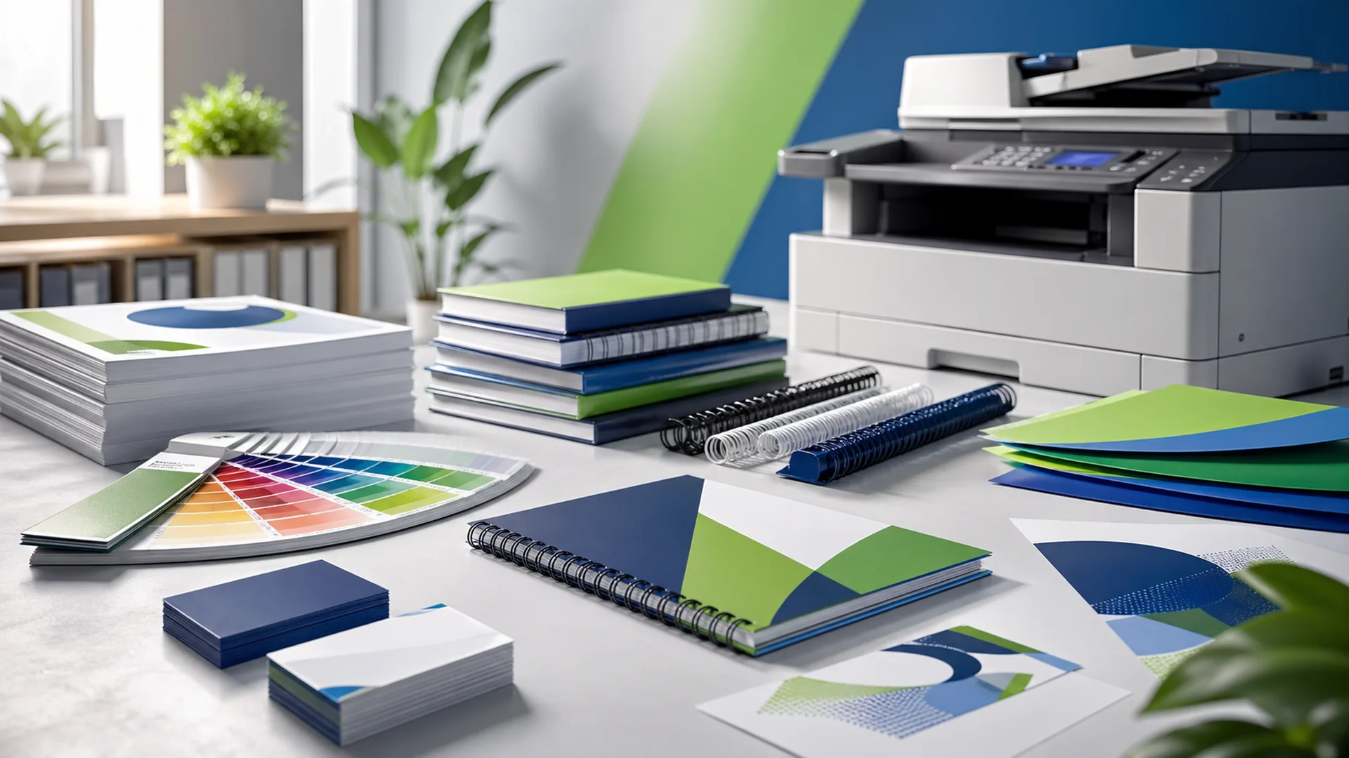 Visual moderno com papéis, materiais gráficos e referências a impressão rápida